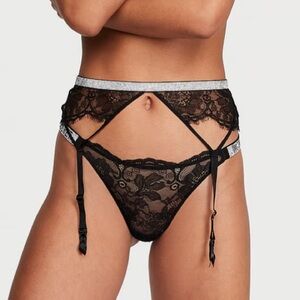 Victoria’s Secret Very Sexy Black Lace Shine Strap Garter Belt Size XS/S